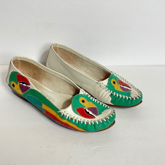Parrot Loafers 5 Vintage Rainbow Leather Patchwork Green Hokus Pokus Bird - Picture 13 of 13